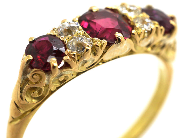 Edwardian 18ct Gold, Diamond & Ruby Five Stone Carved Half Hoop Ring
