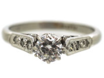 Art Deco Platinum, Diamond Solitaire Ring With Diamond Set Shoulders