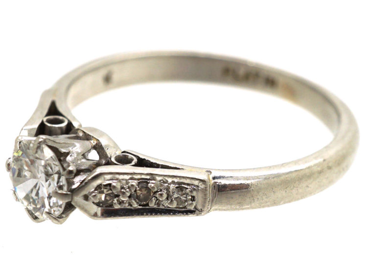 Art Deco Platinum, Diamond Solitaire Ring With Diamond Set Shoulders