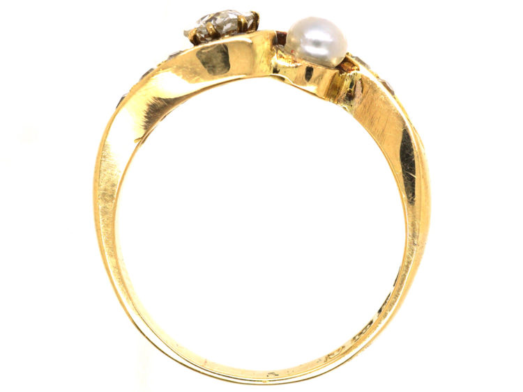 Edwardian 18ct Gold, Diamond & Natural Pearl Crossover Ring