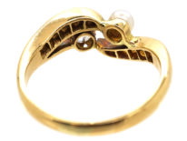 Edwardian 18ct Gold, Diamond & Natural Pearl Crossover Ring