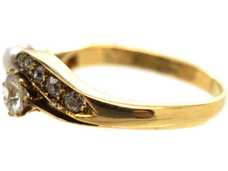 Edwardian 18ct Gold, Diamond & Natural Pearl Crossover Ring