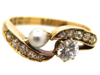 Edwardian 18ct Gold, Diamond & Natural Pearl Crossover Ring