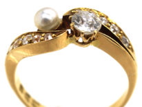 Edwardian 18ct Gold, Diamond & Natural Pearl Crossover Ring