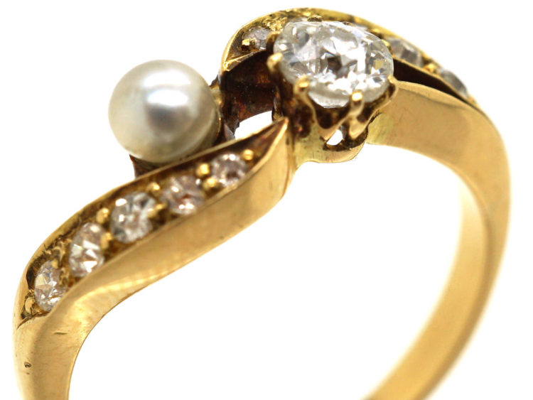 Edwardian 18ct Gold, Diamond & Natural Pearl Crossover Ring