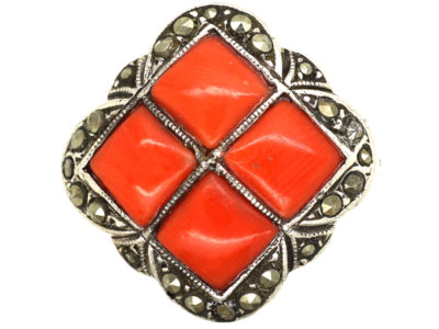 Art Deco Gold & Silver, Coral & Marcasite Ring