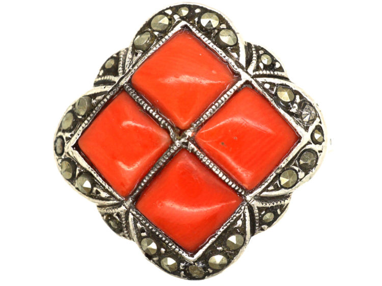 Art Deco Gold & Silver, Coral & Marcasite Ring