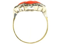 Art Deco Gold & Silver, Coral & Marcasite Ring