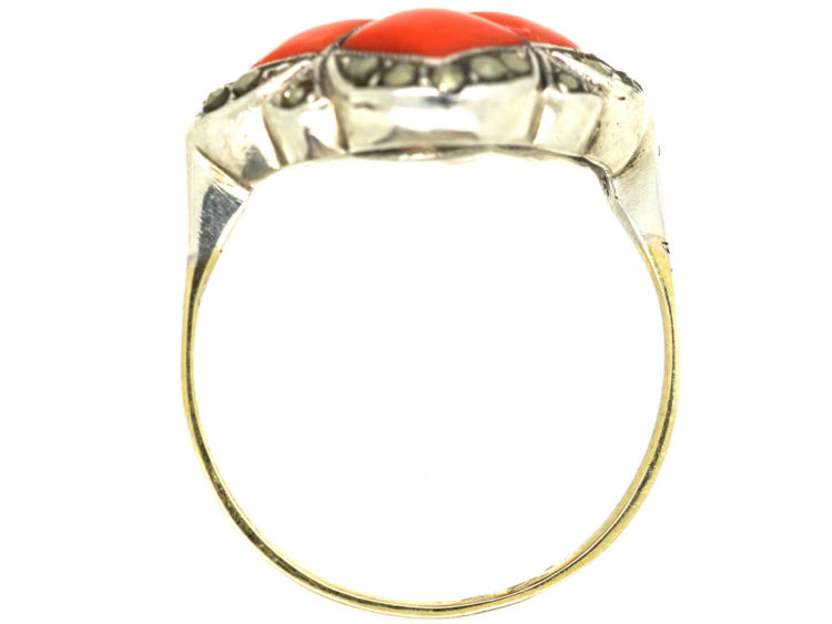 Art Deco Gold & Silver, Coral & Marcasite Ring