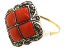 Art Deco Gold & Silver, Coral & Marcasite Ring
