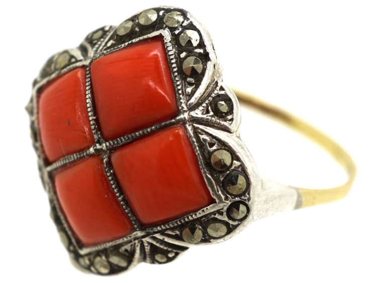 Art Deco Gold & Silver, Coral & Marcasite Ring