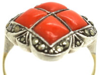 Art Deco Gold & Silver, Coral & Marcasite Ring