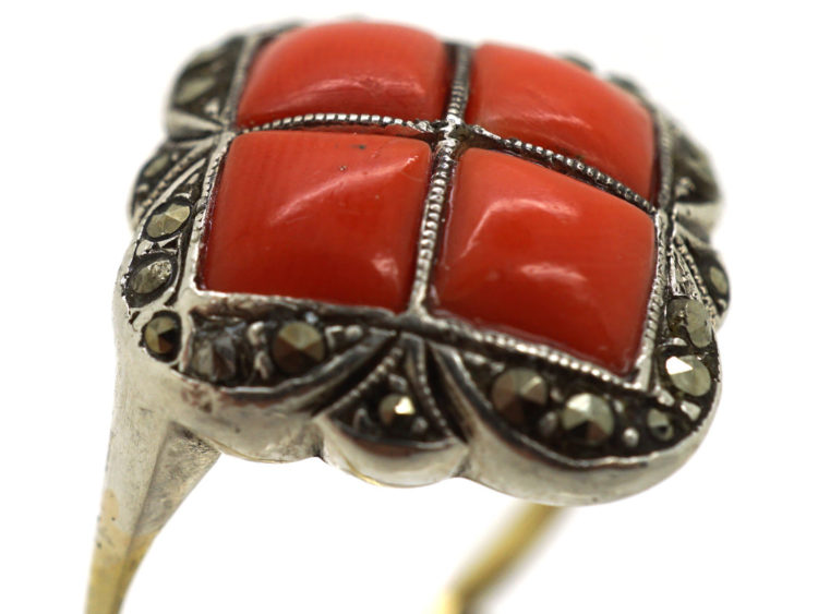 Art Deco Gold & Silver, Coral & Marcasite Ring