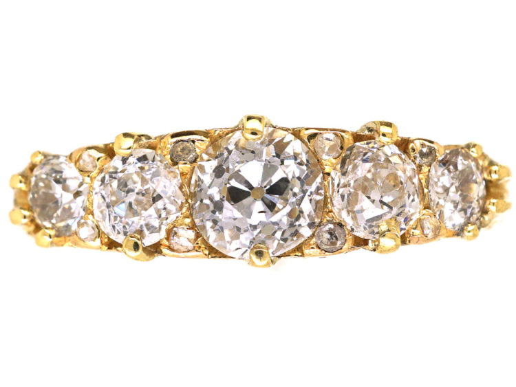 Victorian 18ct Gold & Five Stone Diamond Carved Half Hoop Ring