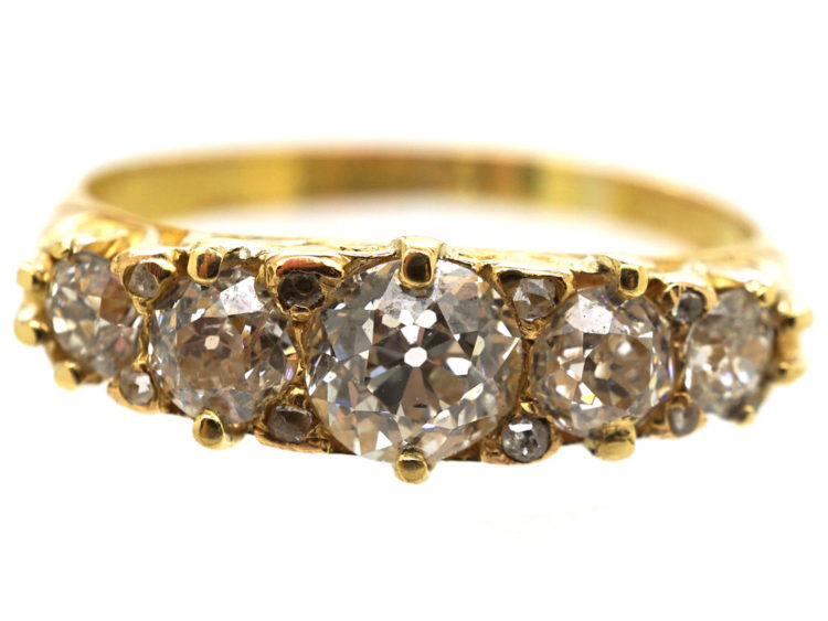 Victorian 18ct Gold & Five Stone Diamond Carved Half Hoop Ring