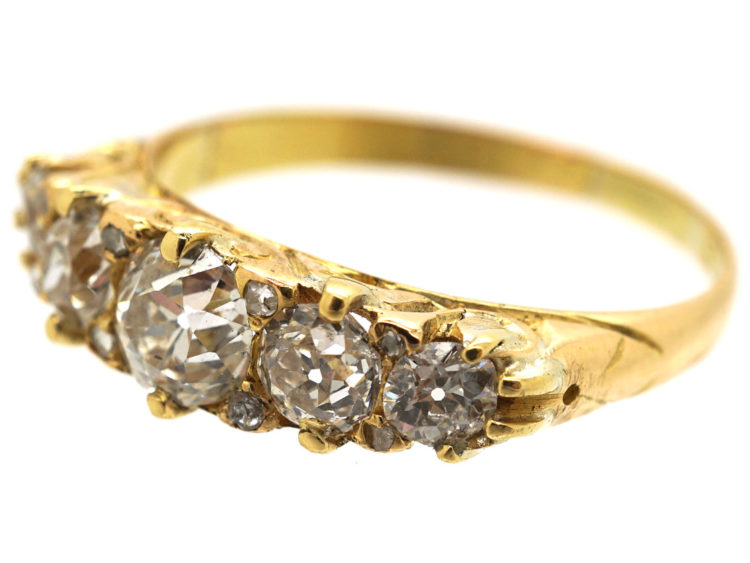 Victorian 18ct Gold & Five Stone Diamond Carved Half Hoop Ring