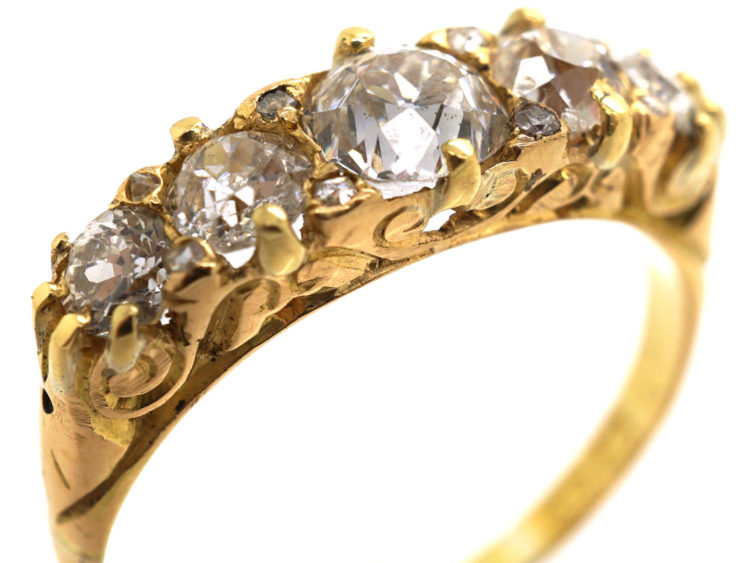 Victorian 18ct Gold & Five Stone Diamond Carved Half Hoop Ring