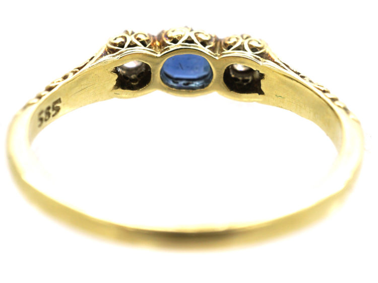 Art Deco 14ct Gold, Sapphire & Diamond Three Stone Ring