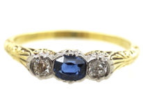 Art Deco 14ct Gold, Sapphire & Diamond Three Stone Ring