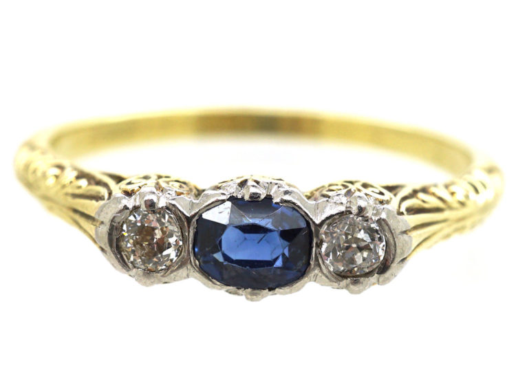 Art Deco 14ct Gold, Sapphire & Diamond Three Stone Ring