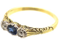 Art Deco 14ct Gold, Sapphire & Diamond Three Stone Ring