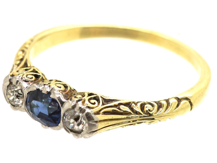 Art Deco 14ct Gold, Sapphire & Diamond Three Stone Ring