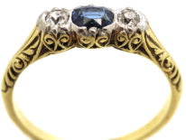 Art Deco 14ct Gold, Sapphire & Diamond Three Stone Ring