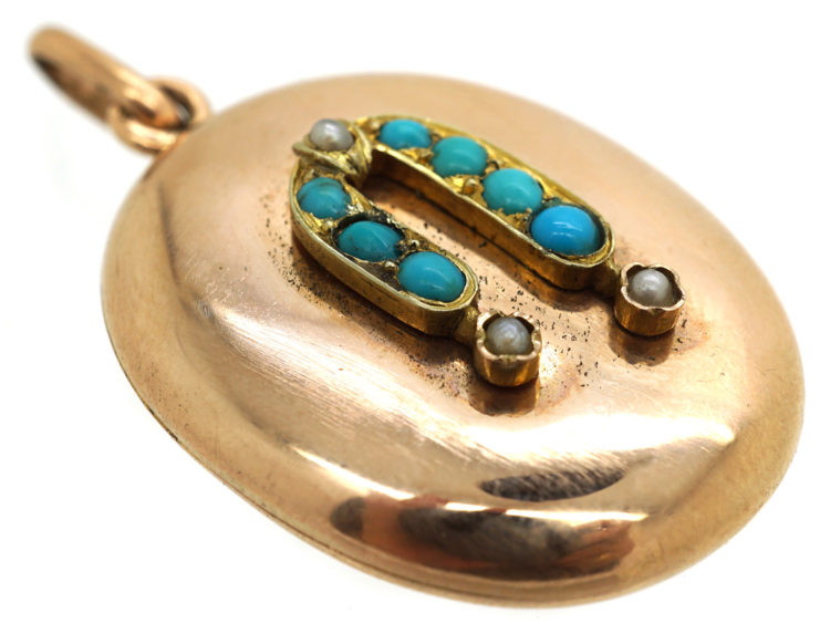 Edwardian 15ct Gold, Natural Pearl & Turquoise Oval Locket