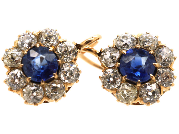 Edwardian 18ct Gold, Sapphire & Diamond Cluster Earrings