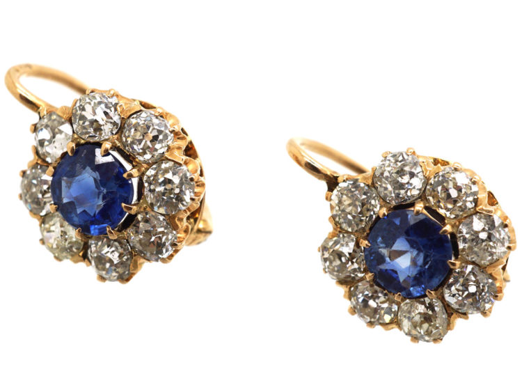 Edwardian 18ct Gold, Sapphire & Diamond Cluster Earrings