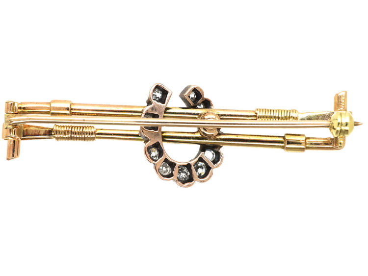 Edwardian 15ct Gold & Diamond Horseshoe & Whips Brooch