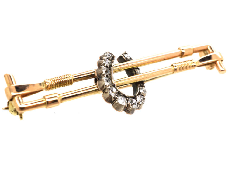 Edwardian 15ct Gold & Diamond Horseshoe & Whips Brooch