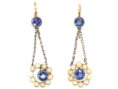 Edwardian 15ct Gold & Platinum, Sapphire & Natural Pearl Drop Earrings