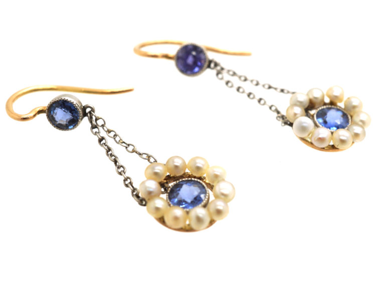 Edwardian 15ct Gold & Platinum, Sapphire & Natural Pearl Drop Earrings