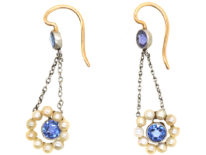Edwardian 15ct Gold & Platinum, Sapphire & Natural Pearl Drop Earrings