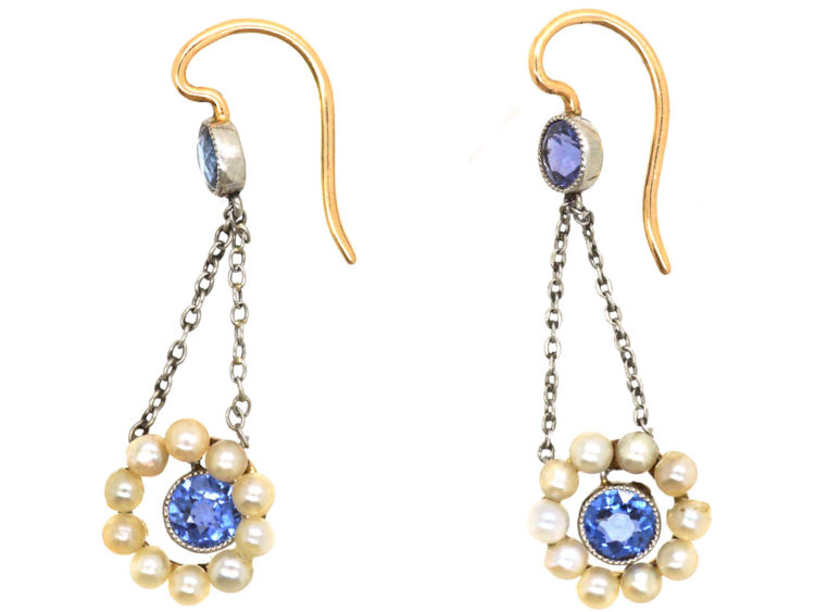 Edwardian 15ct Gold & Platinum, Sapphire & Natural Pearl Drop Earrings