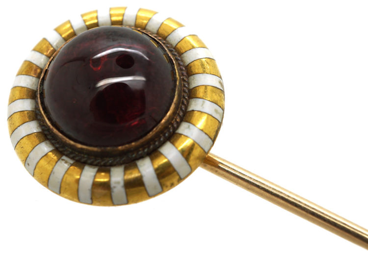 Victorian 15ct Gold, White Enamel & Cabochon Garnet Tie Pin