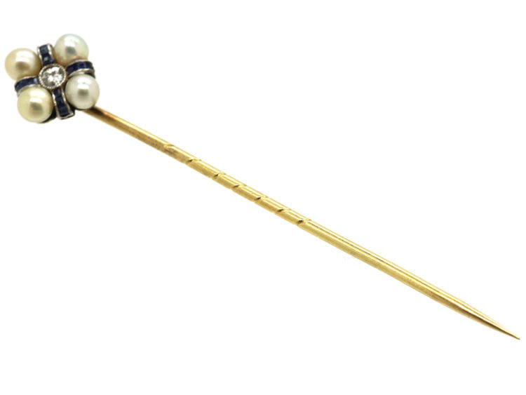 Art Deco Sapphire, Diamond & Natural Pearl Tie Pin