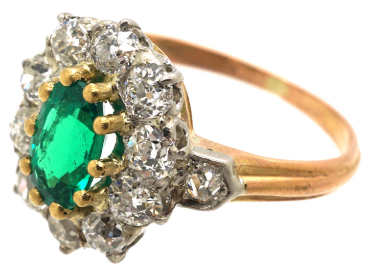 French 18ct Belle Epoque Emerald & Diamond Cluster Ring