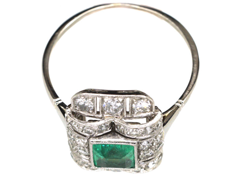Art Deco Platinum, Emerald & Diamond Rectangular Ring