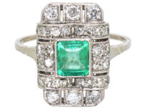 Art Deco Platinum, Emerald & Diamond Rectangular Ring