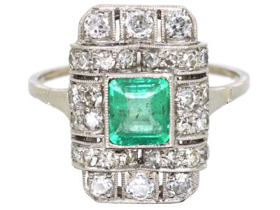Art Deco Platinum, Emerald & Diamond Rectangular Ring