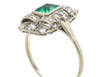 Art Deco Platinum, Emerald & Diamond Rectangular Ring