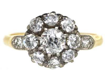 Edwardian 18ct Gold, Diamond Cluster Ring with Diamond Set Shoulders