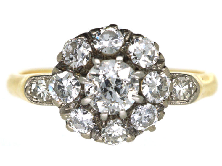 Edwardian 18ct Gold, Diamond Cluster Ring with Diamond Set Shoulders