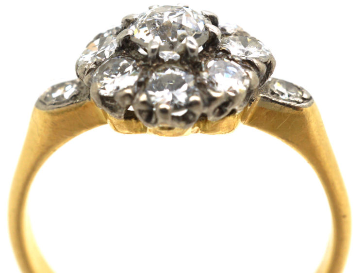 Edwardian 18ct Gold, Diamond Cluster Ring with Diamond Set Shoulders