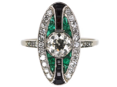 Art Deco Platinum, Emerald, Onyx & Diamond Oval Ring Art Deco Platinum, Emerald, Onyx & Diamond Oval Ring