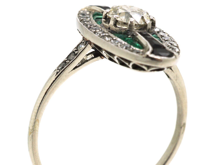 Art Deco Platinum, Emerald, Onyx & Diamond Oval Ring