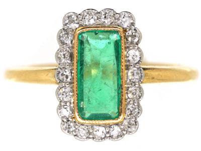 Art Deco 18ct Gold & Platinum, Emerald & Diamond Rectangular Ring