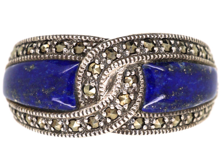 Silver, Lapis Lazuli & Marcasite Intertwined Design Ring